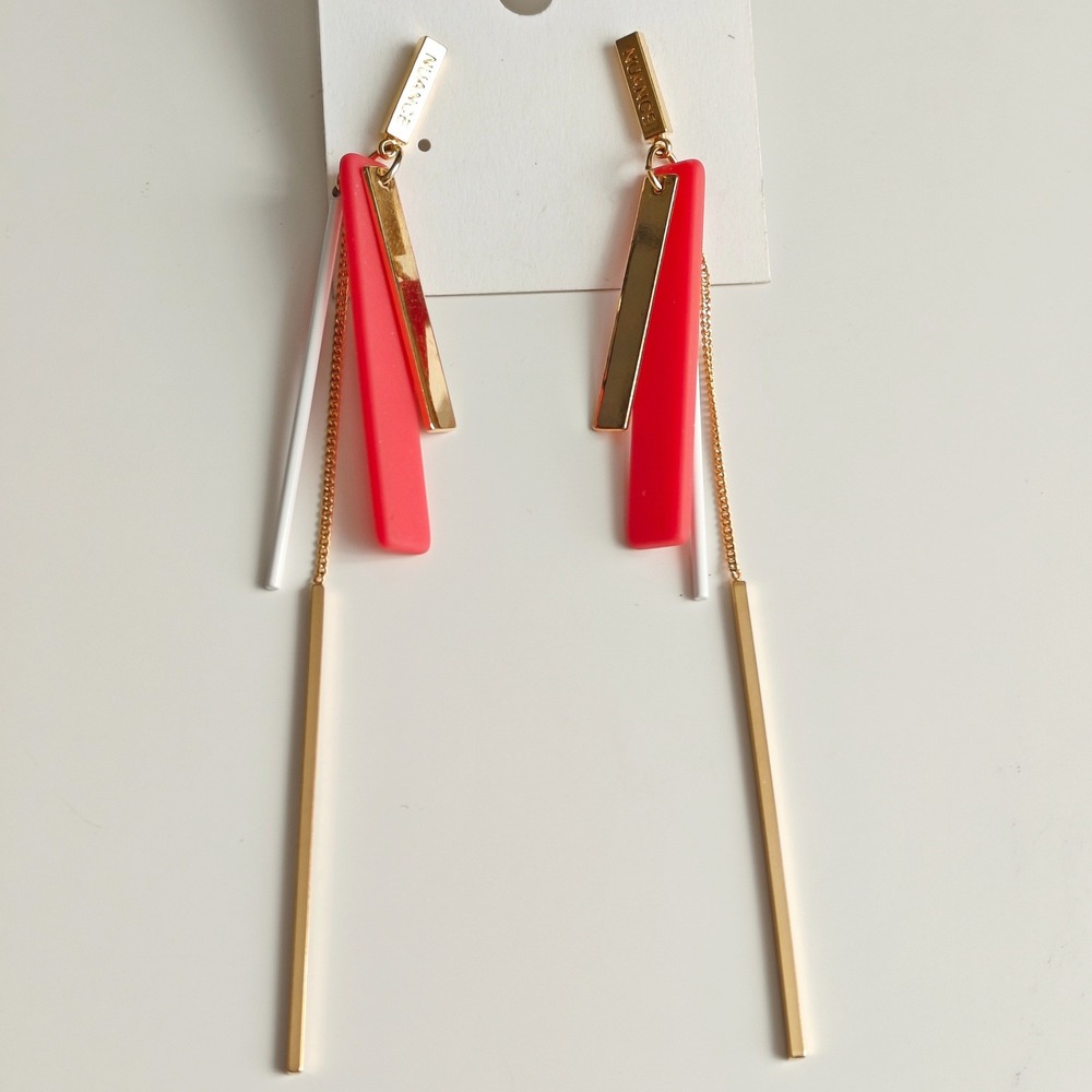 Long Drop Earrings Nuance Korea Geometric Linear Gold‎ Hot Pink White Statement